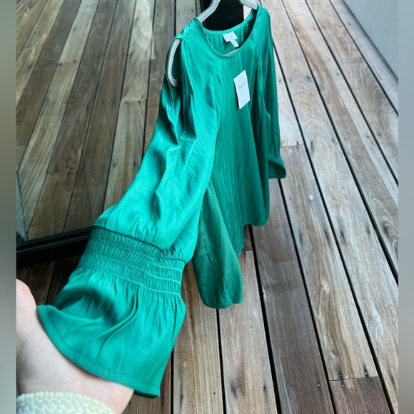 NWT J.Jill Silky Open-Shoulder Meadow Green Smocked Sleeve Blouse XLP - Picture 4 of 12